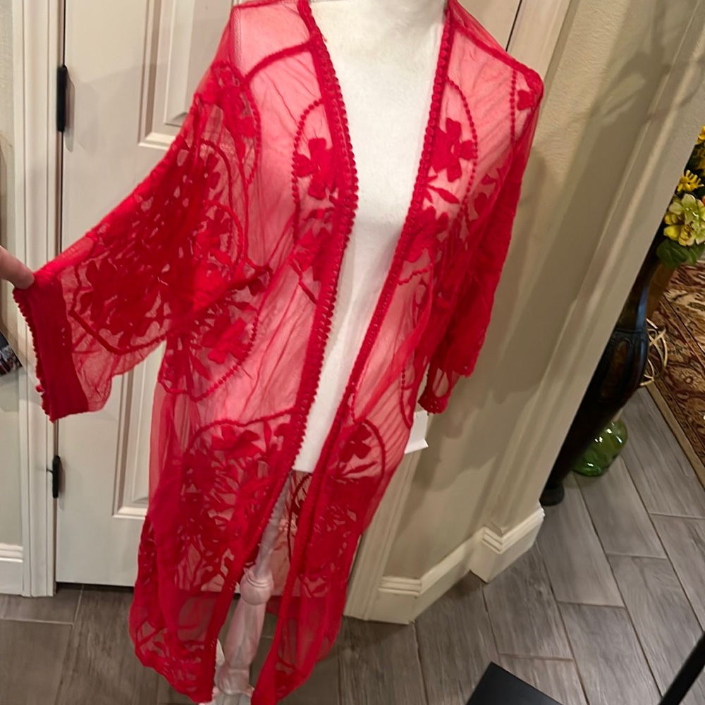 Lace Long Kimono in Red